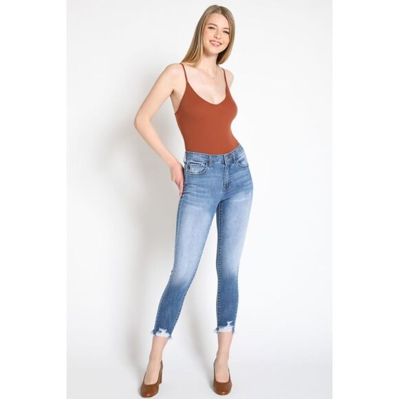 KANCAN Women's Mid Rise Distressed Ankle Skinny Jeans Raw Cut Summer Collection - Picture 2 of 14